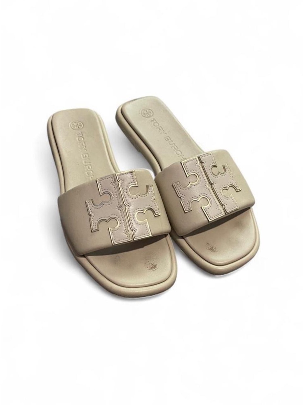 Tory Burch Double-T Monogram Dolce De Leche Padded Leather Women SlideSandal 8.5